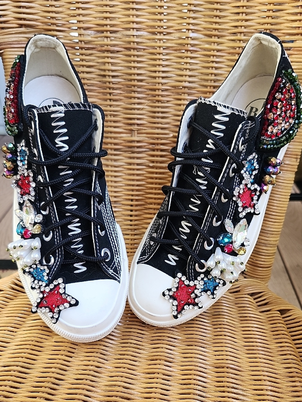 Black Embellished Women's Lace-Up Sneakers with Multicolor Crystal Accents